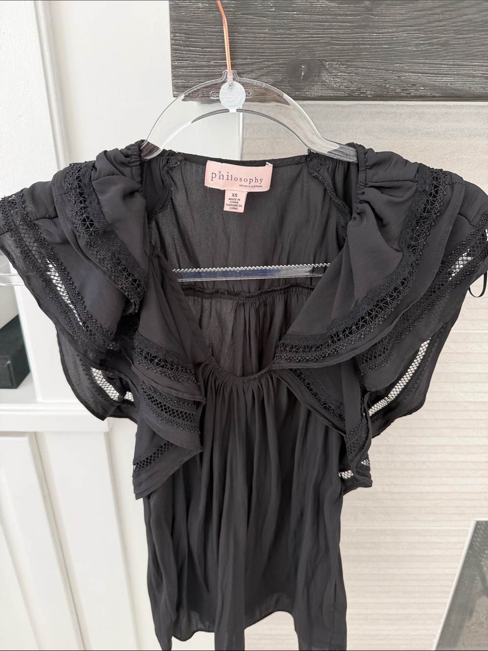 Philosophy Black Ruffle Trim Flutter Sleeve Top